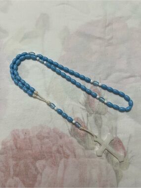 Blue and White Plastic Rosary with Cross Long Necklace 22”